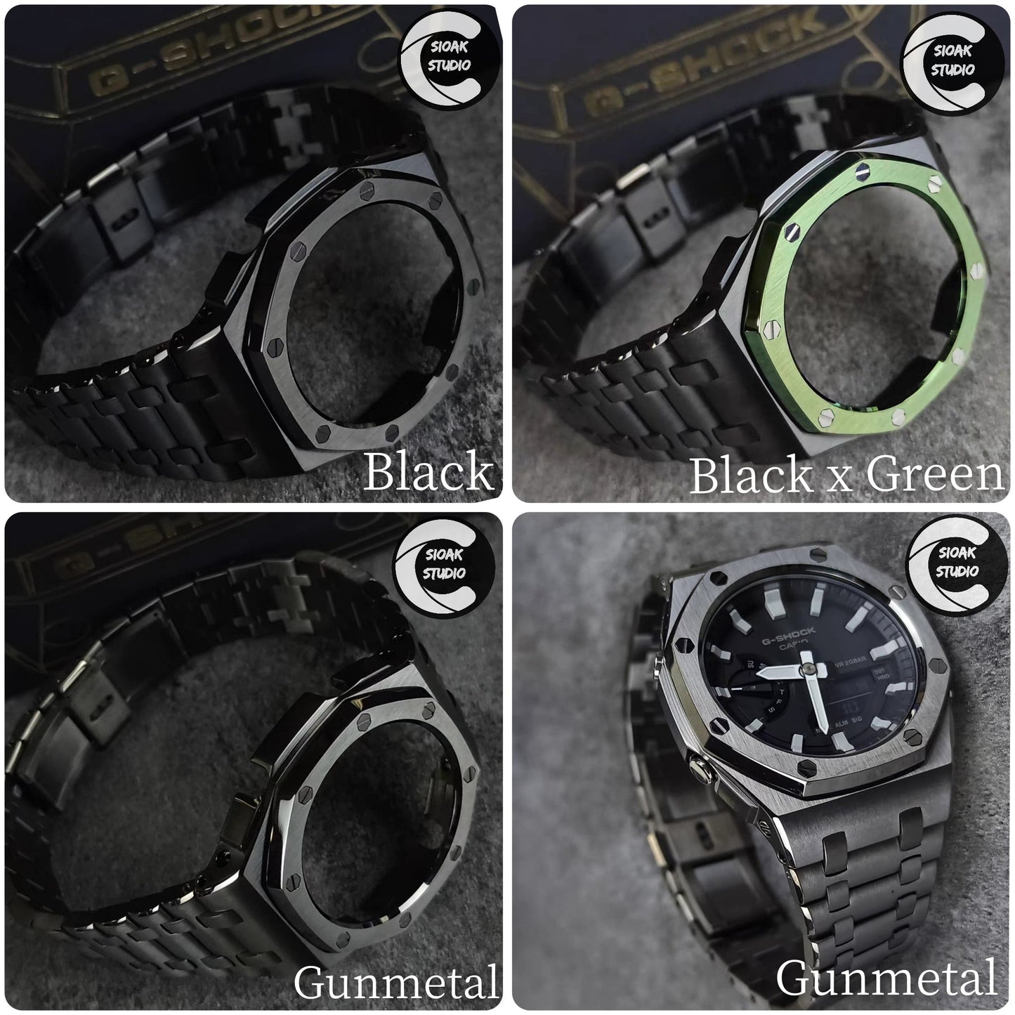 Casioak Mod Watch Offshore Superior Gray Case Metal Strap Green Gray Time Mark Green Dial 44mm- Casioak Mod Casio G-Shock Royal Oak Custom Mens Luxury Watches Ga2100