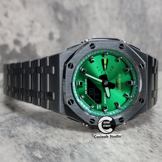 Casioak Mod Watch Offshore Superior Gray Case Metal Strap Green Gray Time Mark Green Dial 44mm- Casioak Mod Casio G-Shock Royal Oak Custom Mens Luxury Watches Ga2100