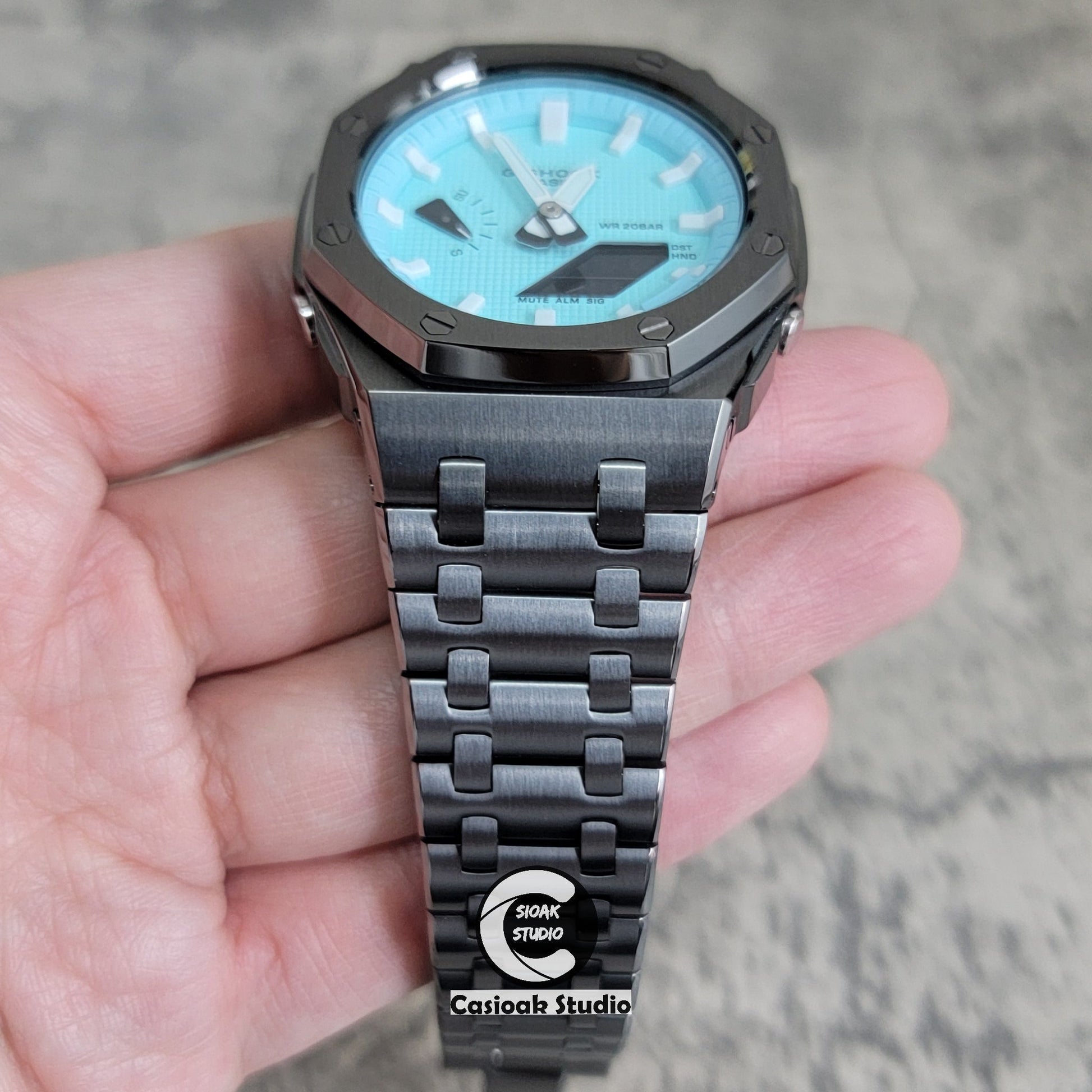 Casioak Mod Watch Offshore Superior Gray Case Metal Strap Tiff White Time Mark Tiff Blue Dial 44mm- Casioak Mod Casio G-Shock Royal Oak Custom Mens Luxury Watches Ga2100