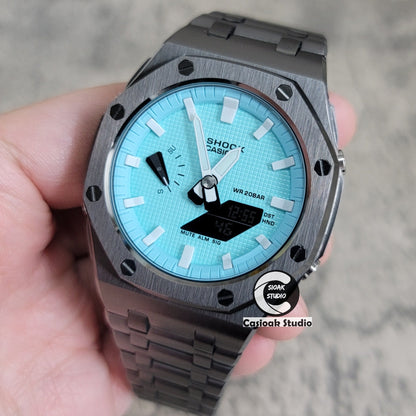 Casioak Mod Watch Offshore Superior Gray Case Metal Strap Tiff White Time Mark Tiff Blue Dial 44mm- Casioak Mod Casio G-Shock Royal Oak Custom Mens Luxury Watches Ga2100