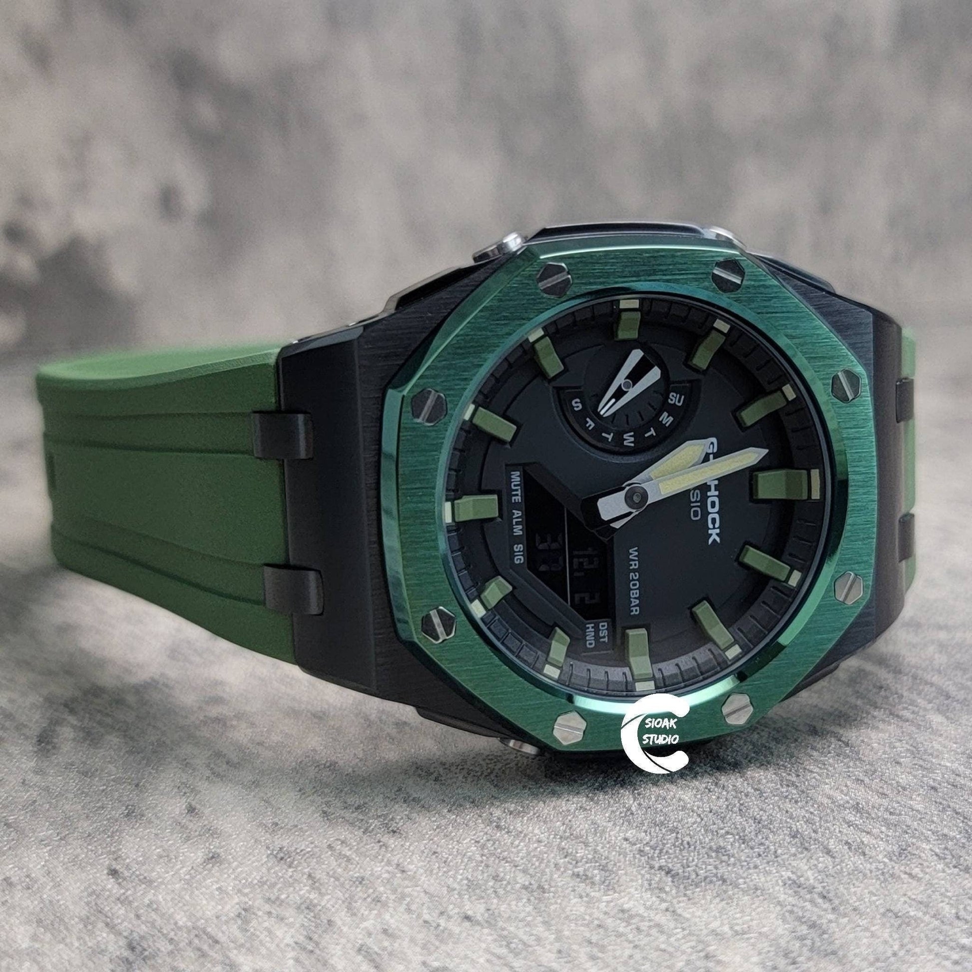 Casioak Mod Watch Offshore Superior Green Black Case Green Rubber Rubber Strap Black Green Time Mark Black Dial 44mm- Casioak Mod Casio G-Shock Royal Oak Custom Mens Luxury Watches Ga2100