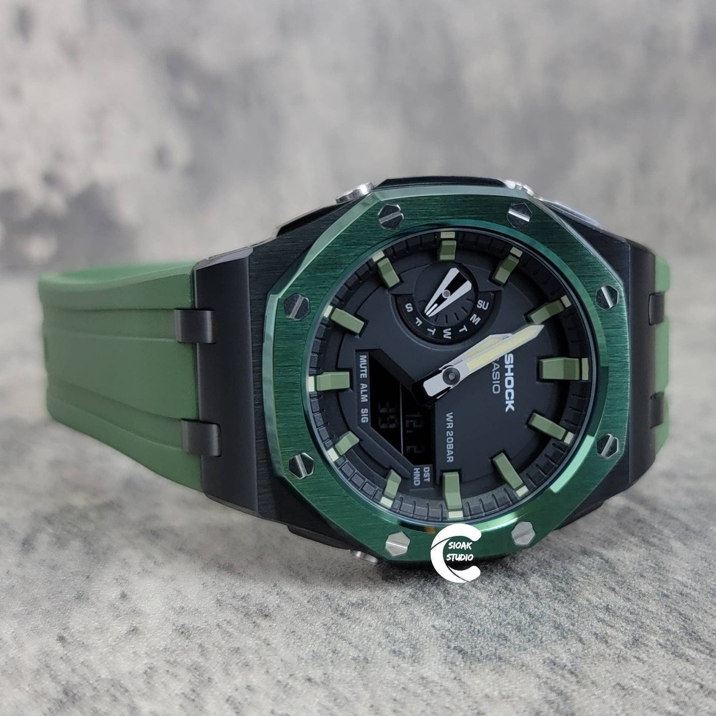 Casioak Mod Watch Offshore Superior Green Black Case Green Rubber Rubber Strap Black Green Time Mark Black Dial 44mm- Casioak Mod Casio G-Shock Royal Oak Custom Mens Luxury Watches Ga2100