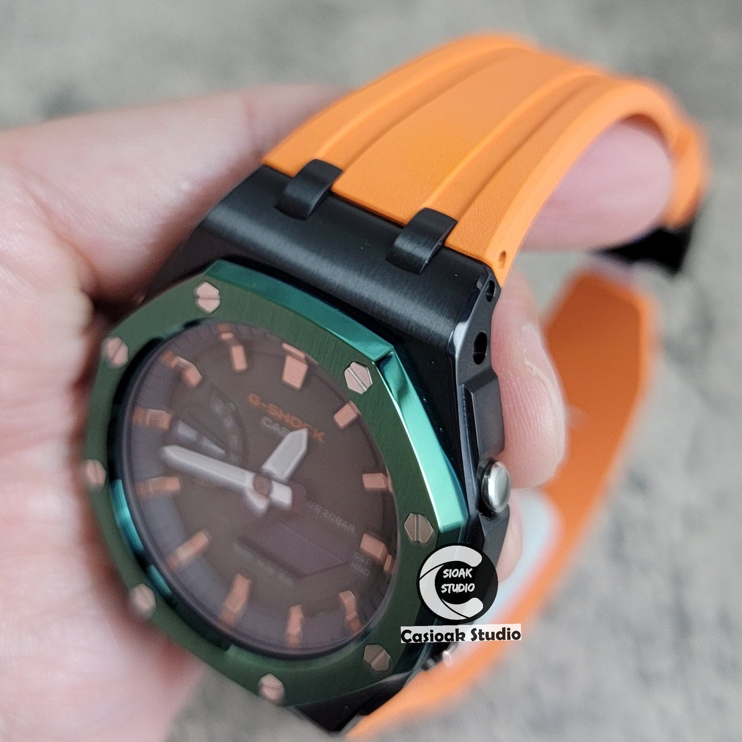 Casioak Mod Watch Offshore Superior Green Black Case Orange Rubber Rubber Strap Black Rose Gold Time Mark OIive Dial 44mm- Casioak Mod Casio G-Shock Royal Oak Custom Mens Luxury Watches Ga2100