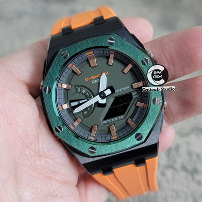 Casioak Mod Watch Offshore Superior Green Black Case Orange Rubber Rubber Strap Black Rose Gold Time Mark OIive Dial 44mm- Casioak Mod Casio G-Shock Royal Oak Custom Mens Luxury Watches Ga2100