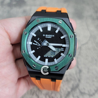 Casioak Mod Watch Offshore Superior Green Black Case Orange Rubber Rubber Strap Gray White Time Mark Black Dial 44mm- Casioak Mod Casio G-Shock Royal Oak Custom Mens Luxury Watches Ga2100