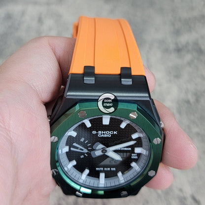 Casioak Mod Watch Offshore Superior Green Black Case Orange Rubber Rubber Strap Gray White Time Mark Black Dial 44mm- Casioak Mod Casio G-Shock Royal Oak Custom Mens Luxury Watches Ga2100