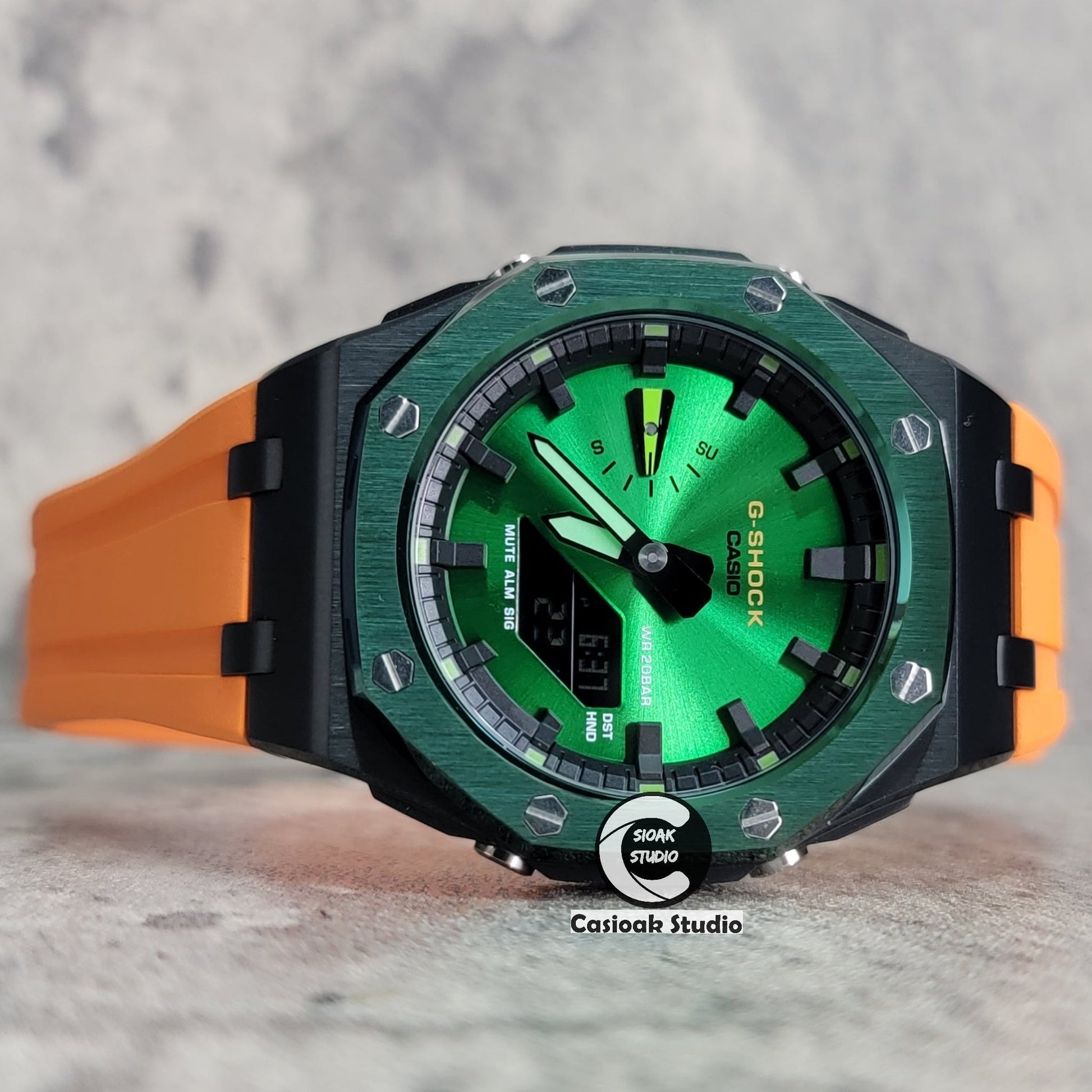 Casioak Mod Watch Offshore Superior Green Black Case Orange Rubber Strap Black Time Mark Green Dial 44mm- Casioak Mod Casio G-Shock Royal Oak Custom Mens Luxury Watches Ga2100