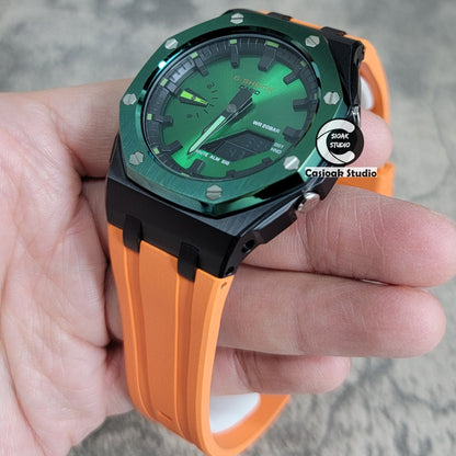 Casioak Mod Watch Offshore Superior Green Black Case Orange Rubber Strap Black Time Mark Green Dial 44mm- Casioak Mod Casio G-Shock Royal Oak Custom Mens Luxury Watches Ga2100