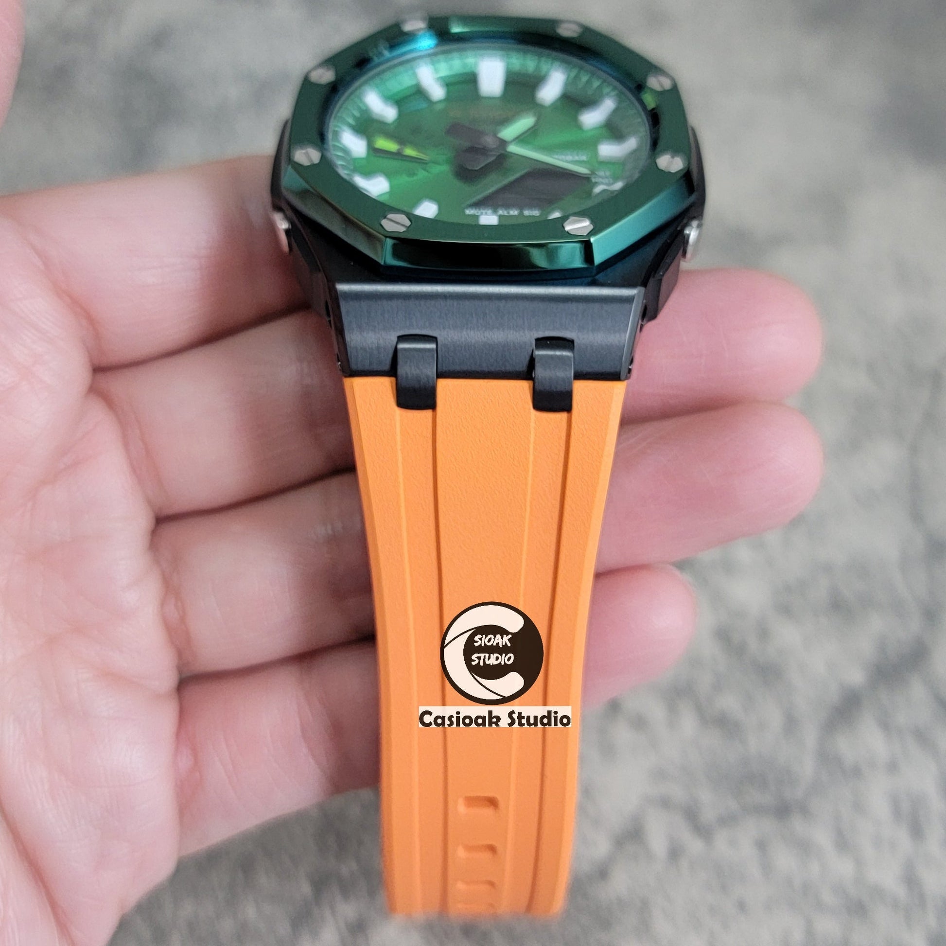 Casioak Mod Watch Offshore Superior Green Black Case Orange Rubber Strap Green White Time Mark Green Dial 44mm- Casioak Mod Casio G-Shock Royal Oak Custom Mens Luxury Watches Ga2100