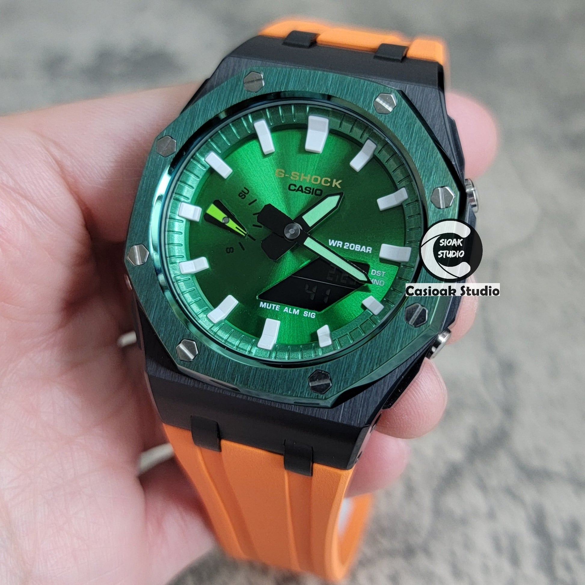 Casioak Mod Watch Offshore Superior Green Black Case Orange Rubber Strap Green White Time Mark Green Dial 44mm- Casioak Mod Casio G-Shock Royal Oak Custom Mens Luxury Watches Ga2100