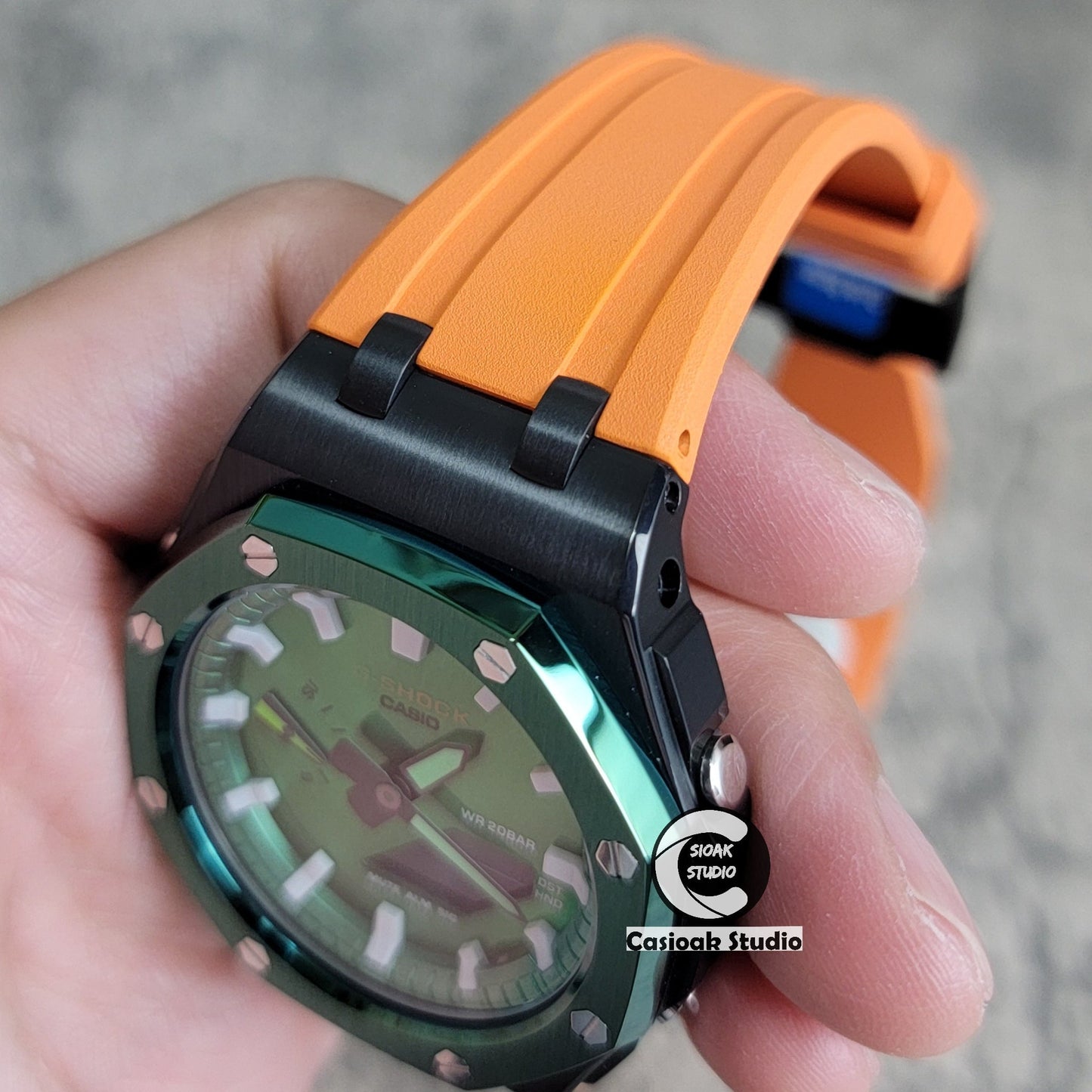 Casioak Mod Watch Offshore Superior Green Black Case Orange Rubber Strap Green White Time Mark Green Dial 44mm- Casioak Mod Casio G-Shock Royal Oak Custom Mens Luxury Watches Ga2100