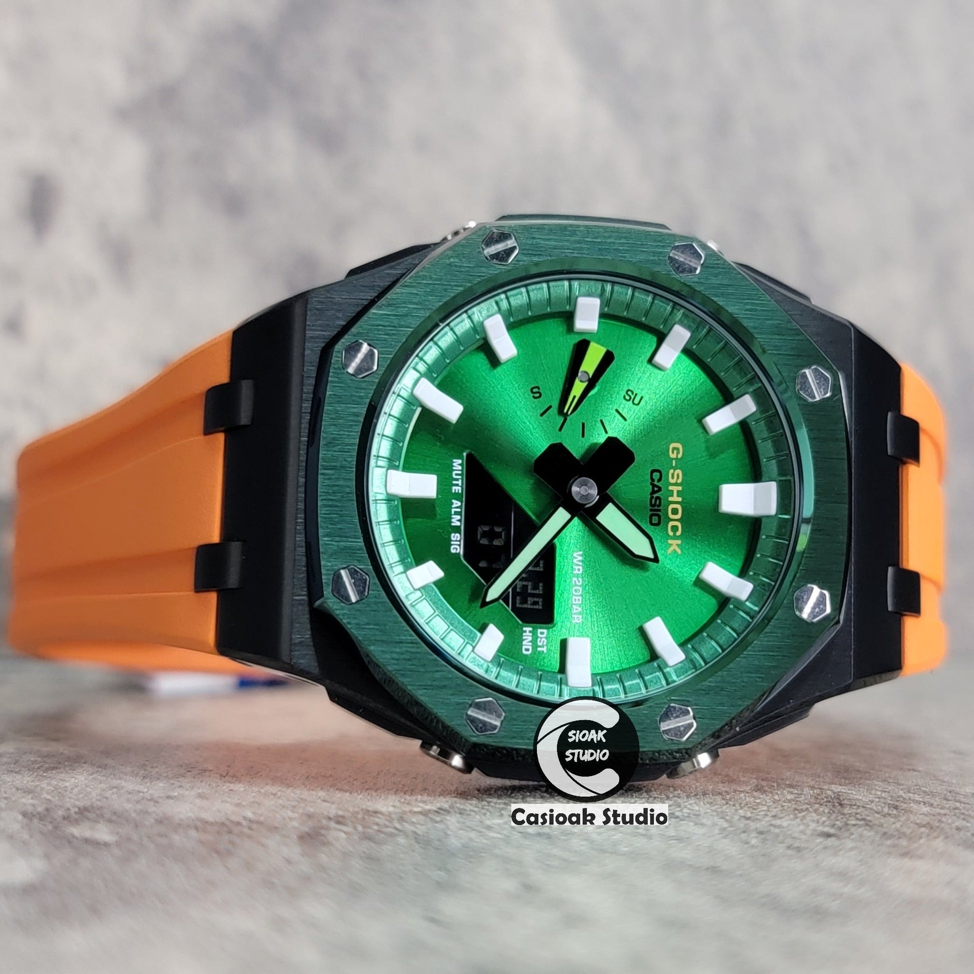 Casioak Mod Watch Offshore Superior Green Black Case Orange Rubber Strap Green White Time Mark Green Dial 44mm- Casioak Mod Casio G-Shock Royal Oak Custom Mens Luxury Watches Ga2100