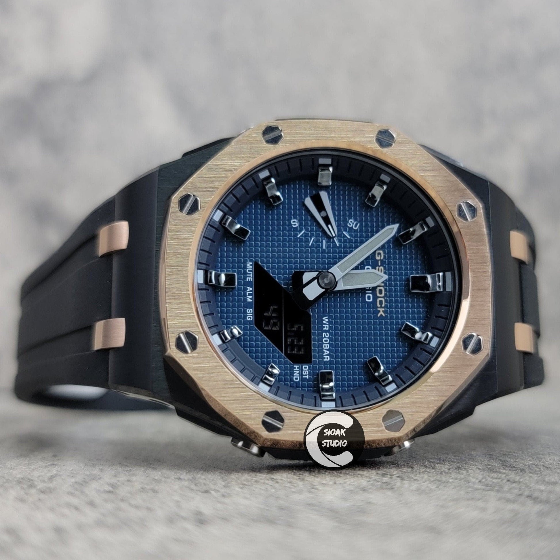 Casioak Mod Watch Offshore Superior Rose Gold Black Case Black Rubber Rubber Strap Blue Gray Time Mark Blue Dial 44mm- Casioak Mod Casio G-Shock Royal Oak Custom Mens Luxury Watches Ga2100