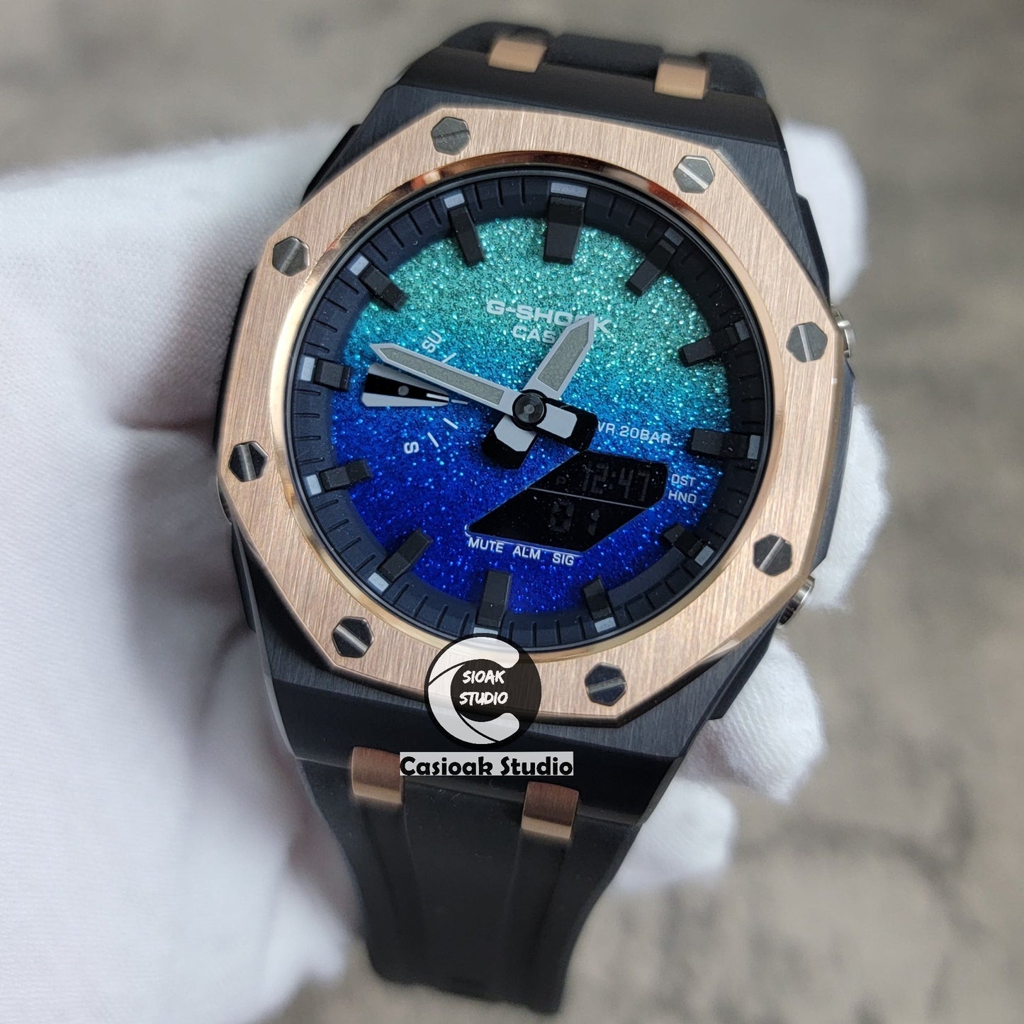 Casioak Mod Watch Offshore Superior Rose Gold Black Case Black Rubber Strap Blue Black Time Mark Blue Waffle Dial 44mm- Casioak Mod Casio G-Shock Royal Oak Custom Mens Luxury Watches Ga2100