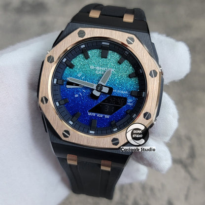 Casioak Mod Watch Offshore Superior Rose Gold Black Case Black Rubber Strap Blue Black Time Mark Blue Waffle Dial 44mm- Casioak Mod Casio G-Shock Royal Oak Custom Mens Luxury Watches Ga2100