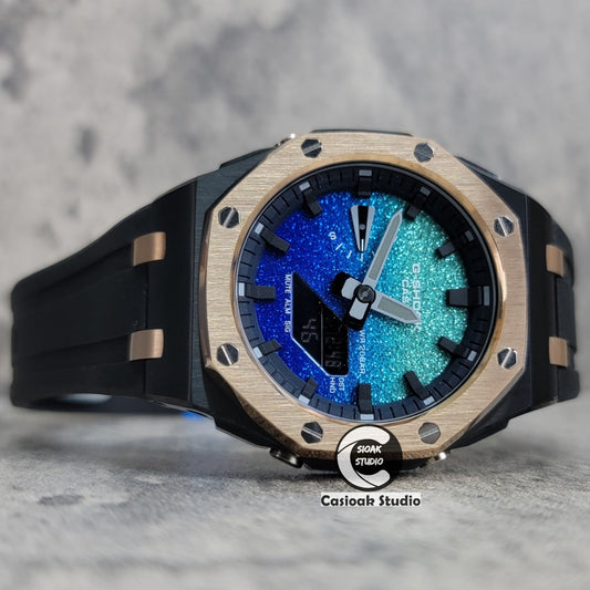 Casioak Mod Watch Offshore Superior Rose Gold Black Case Black Rubber Strap Blue Black Time Mark Blue Waffle Dial 44mm- Casioak Mod Casio G-Shock Royal Oak Custom Mens Luxury Watches Ga2100