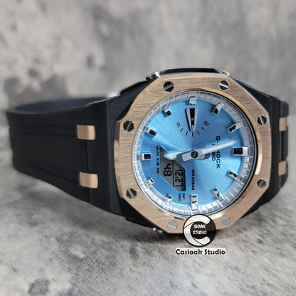 Casioak Mod Watch Offshore Superior Rose Gold Black Case Black Rubber Strap Silver Time Mark Ice Blue Dial 44mm- Casioak Mod Casio G-Shock Royal Oak Custom Mens Luxury Watches Ga2100