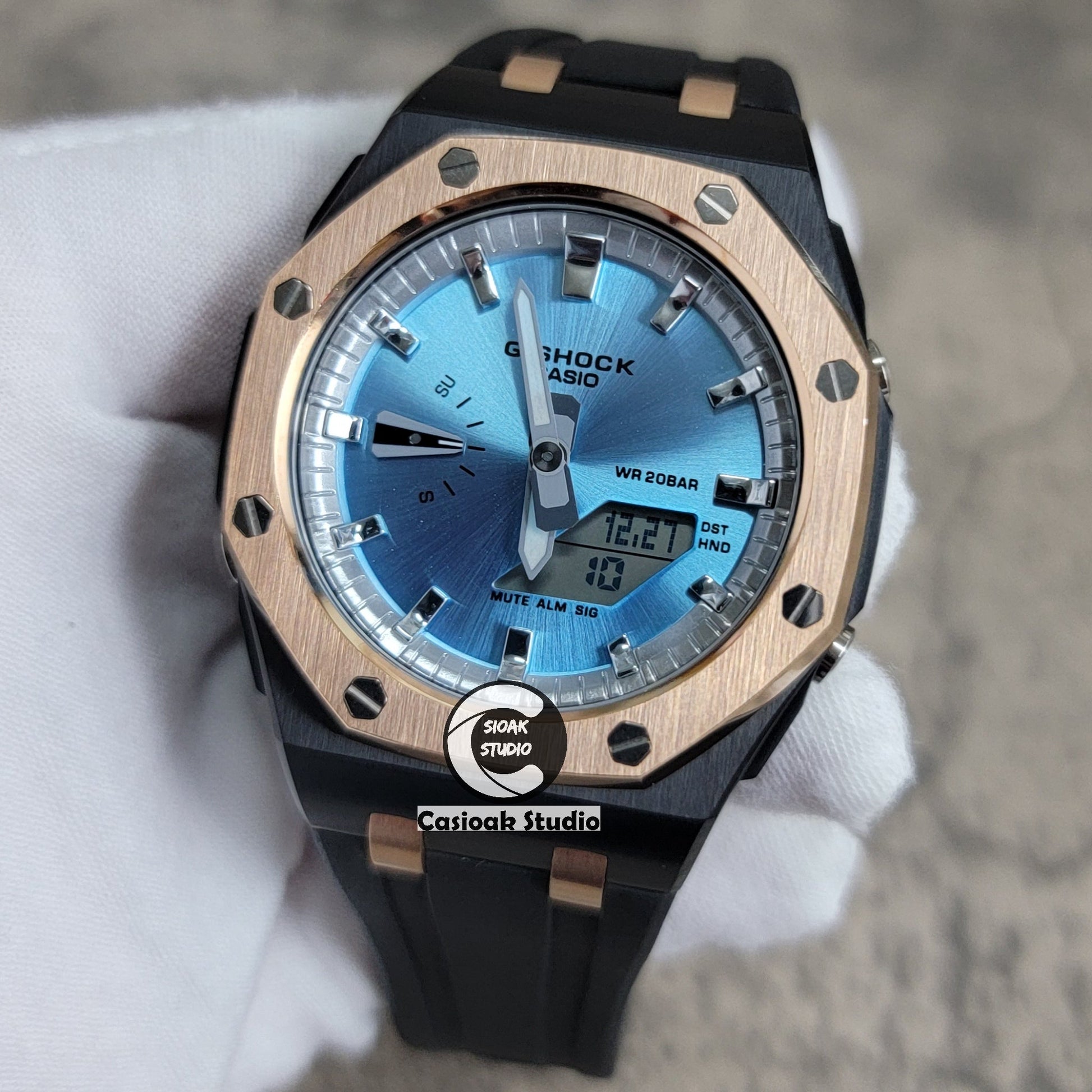 Casioak Mod Watch Offshore Superior Rose Gold Black Case Black Rubber Strap Silver Time Mark Ice Blue Dial 44mm- Casioak Mod Casio G-Shock Royal Oak Custom Mens Luxury Watches Ga2100