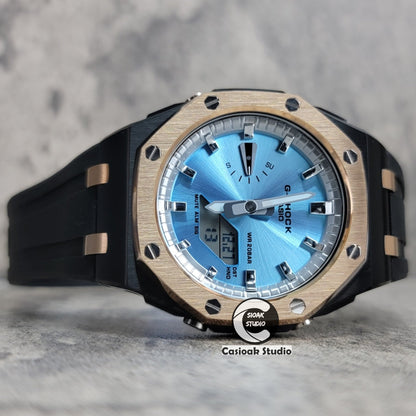 Casioak Mod Watch Offshore Superior Rose Gold Black Case Black Rubber Strap Silver Time Mark Ice Blue Dial 44mm- Casioak Mod Casio G-Shock Royal Oak Custom Mens Luxury Watches Ga2100