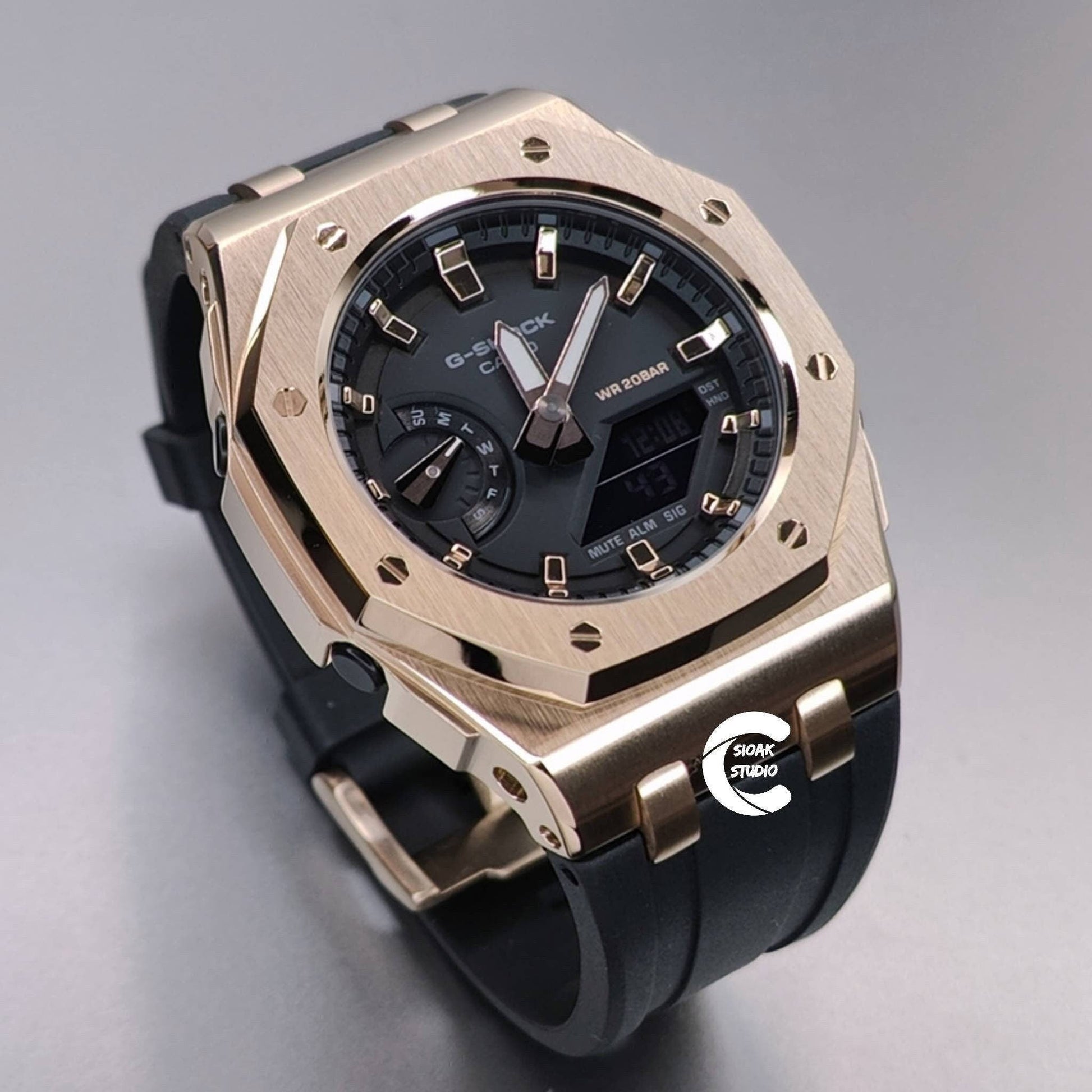 Casioak Mod Watch Offshore Superior Rose Gold Case Black Rubber Rubber Strap Black Rose Gold Time Mark Black Dial 42mm- Casioak Mod Casio G-Shock Royal Oak Custom Mens Luxury Watches Ga2100