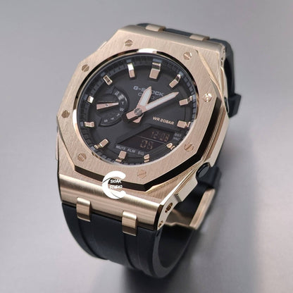 Casioak Mod Watch Offshore Superior Rose Gold Case Black Rubber Rubber Strap Black Rose Gold Time Mark Black Dial 42mm- Casioak Mod Casio G-Shock Royal Oak Custom Mens Luxury Watches Ga2100