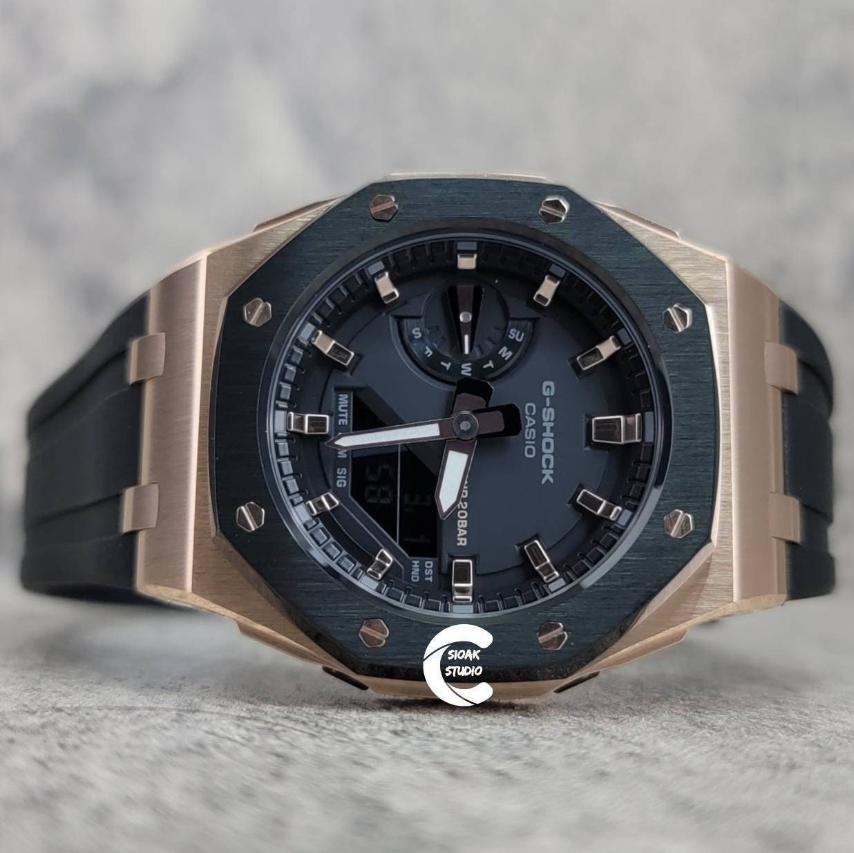 Casioak Mod Watch Offshore Superior Rose Gold Case Black Rubber Strap Black Rose Gold Time Mark Black Dial 42mm- Casioak Mod Casio G-Shock Royal Oak Custom Mens Luxury Watches Ga2100