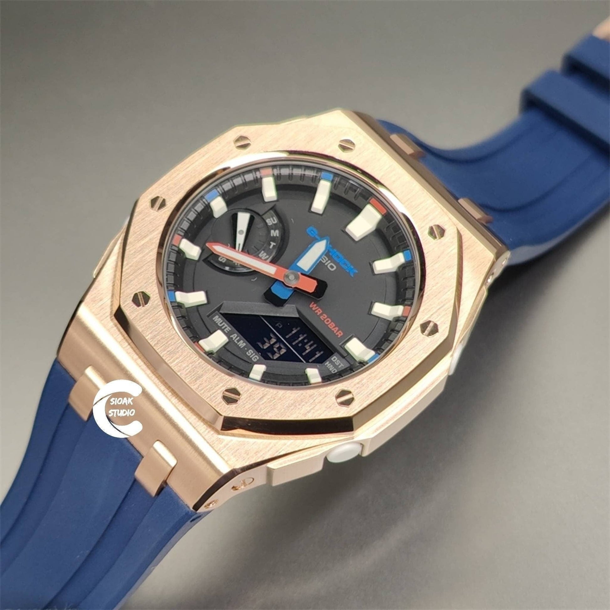 Casioak Mod Watch Offshore Superior Rose Gold Case Blue Rubber Rubber Strap Black Beige Time Mark Black Dial 42mm- Casioak Mod Casio G-Shock Royal Oak Custom Mens Luxury Watches Ga2100