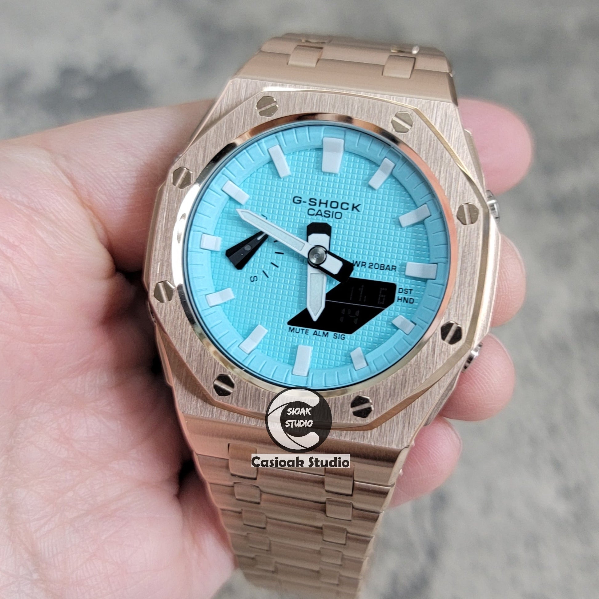 Casioak Mod Watch Offshore Superior Rose Gold Case Metal Strap Tiff White Time Mark Tiff Blue Dial 44mm- Casioak Mod Casio G-Shock Royal Oak Custom Mens Luxury Watches Ga2100