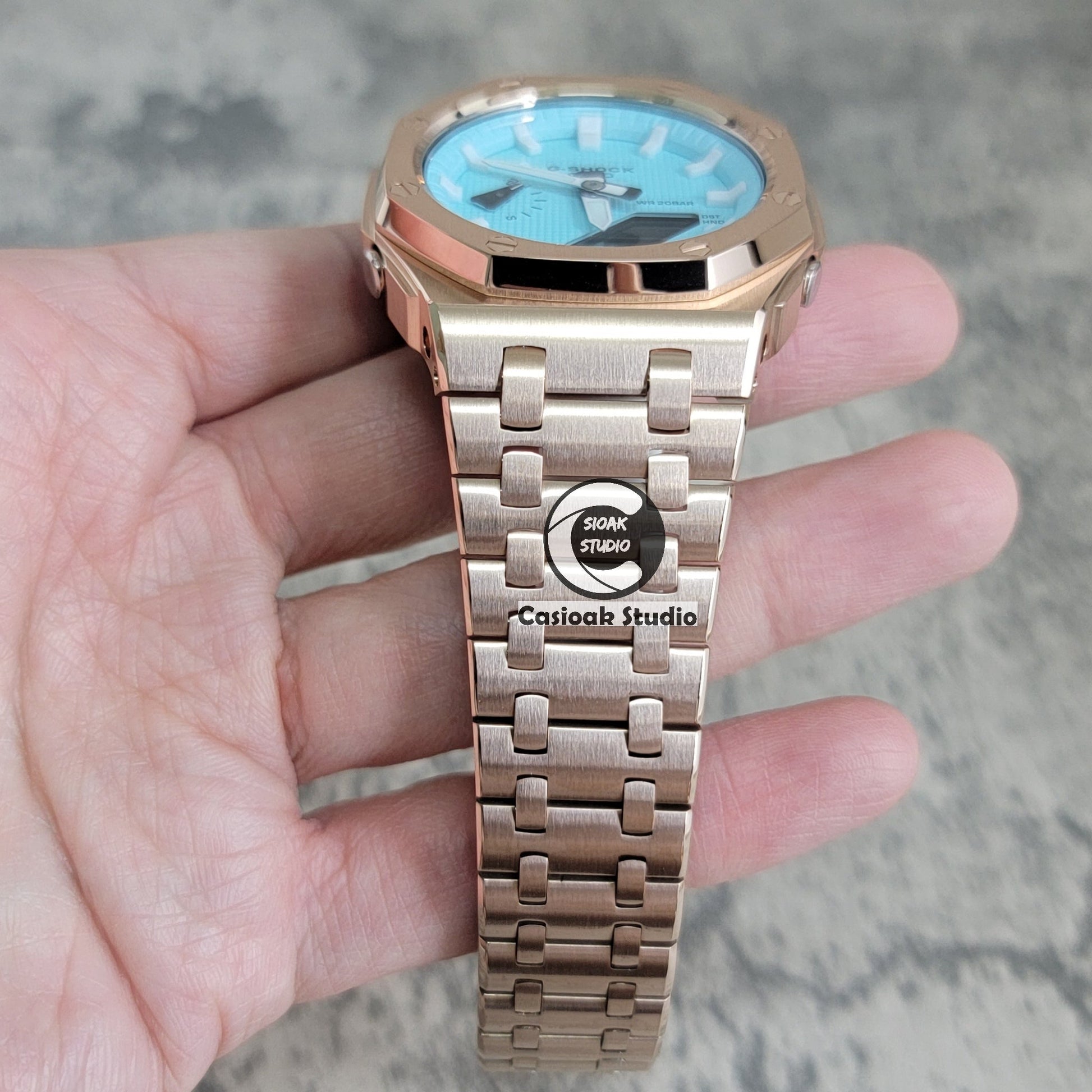 Casioak Mod Watch Offshore Superior Rose Gold Case Metal Strap Tiff White Time Mark Tiff Blue Dial 44mm- Casioak Mod Casio G-Shock Royal Oak Custom Mens Luxury Watches Ga2100