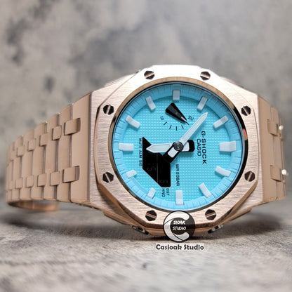 Casioak Mod Watch Offshore Superior Rose Gold Case Metal Strap Tiff White Time Mark Tiff Blue Dial 44mm- Casioak Mod Casio G-Shock Royal Oak Custom Mens Luxury Watches Ga2100