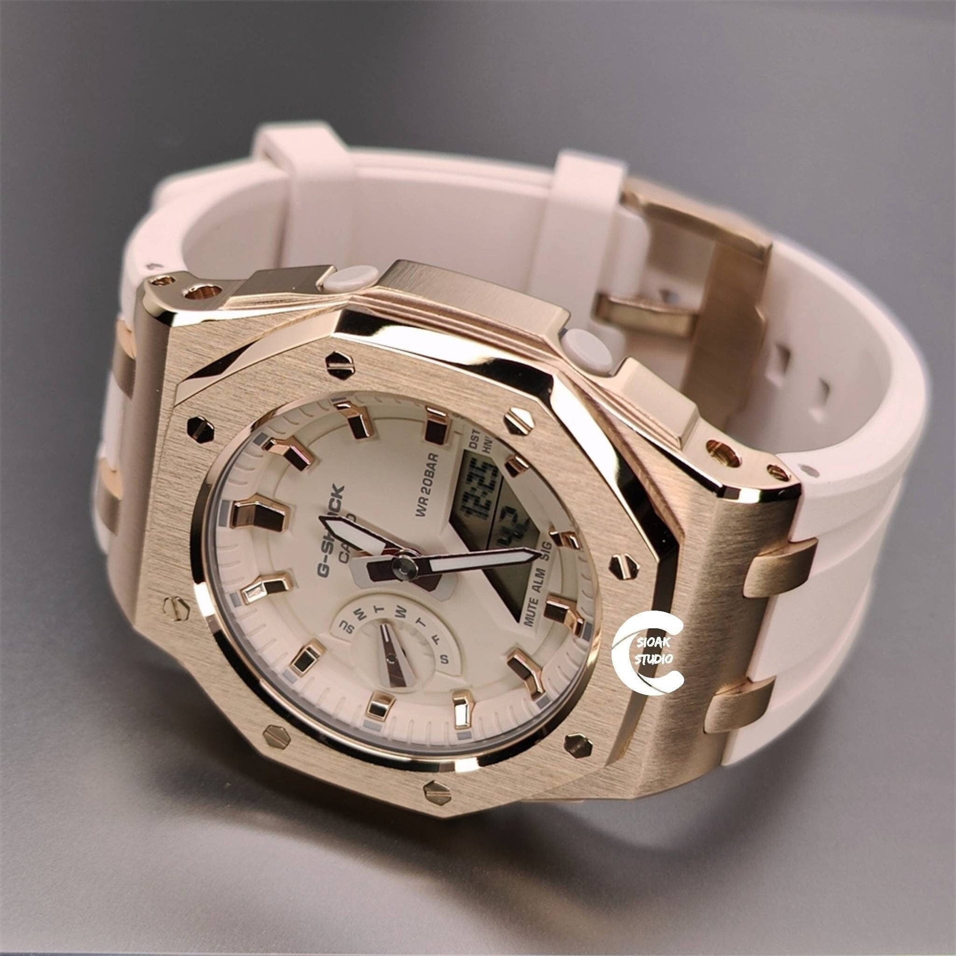 Casioak Mod Watch Offshore Superior Rose Gold Case White Rubber Strap Beige Rose Gold Time Mark Beige Dial 42mm- Casioak Mod Casio G-Shock Royal Oak Custom Mens Luxury Watches Ga2100