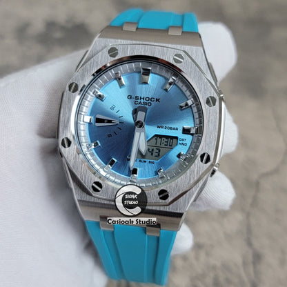 Casioak Mod Watch Offshore Superior Rose Silver Case Tiff Blue Rubber Strap Silver Time Mark Ice Blue Dial 44mm- Casioak Mod Casio G-Shock Royal Oak Custom Mens Luxury Watches Ga2100