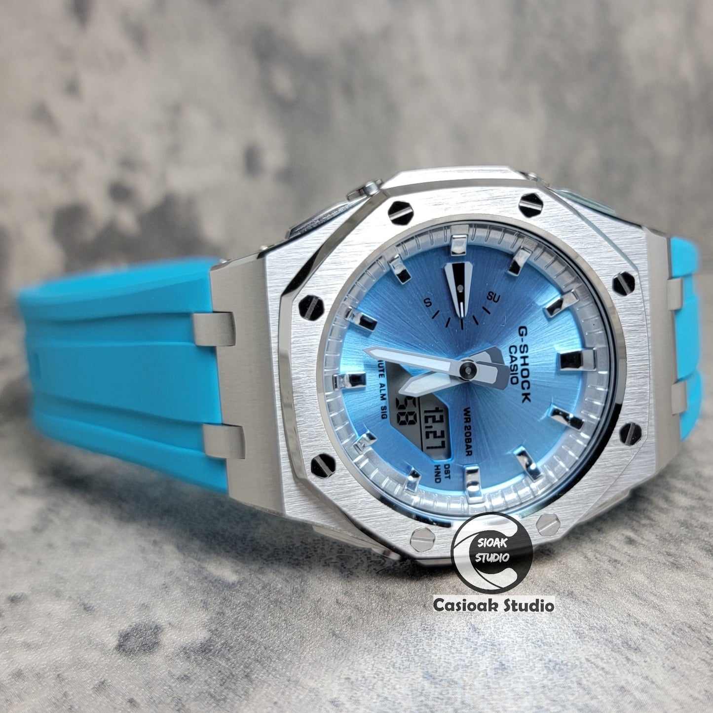 Casioak Mod Watch Offshore Superior Rose Silver Case Tiff Blue Rubber Strap Silver Time Mark Ice Blue Dial 44mm- Casioak Mod Casio G-Shock Royal Oak Custom Mens Luxury Watches Ga2100