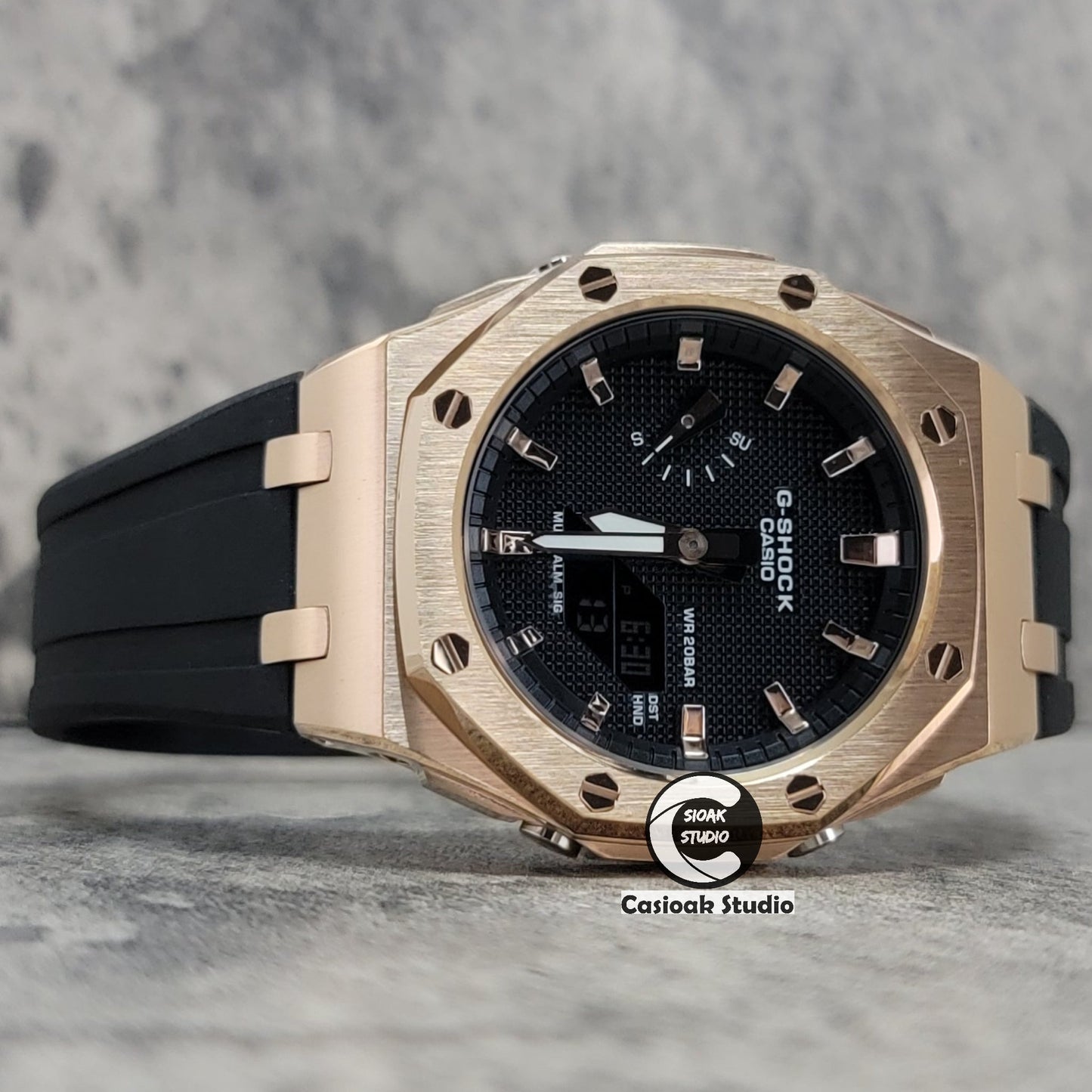 Casioak Mod Watch Offshore Superior Rosegold Case Black Rubber Strap Black Rosegold Time Mark Black Waffle Dial 44mm- Casioak Mod Casio G-Shock Royal Oak Custom Mens Luxury Watches Ga2100