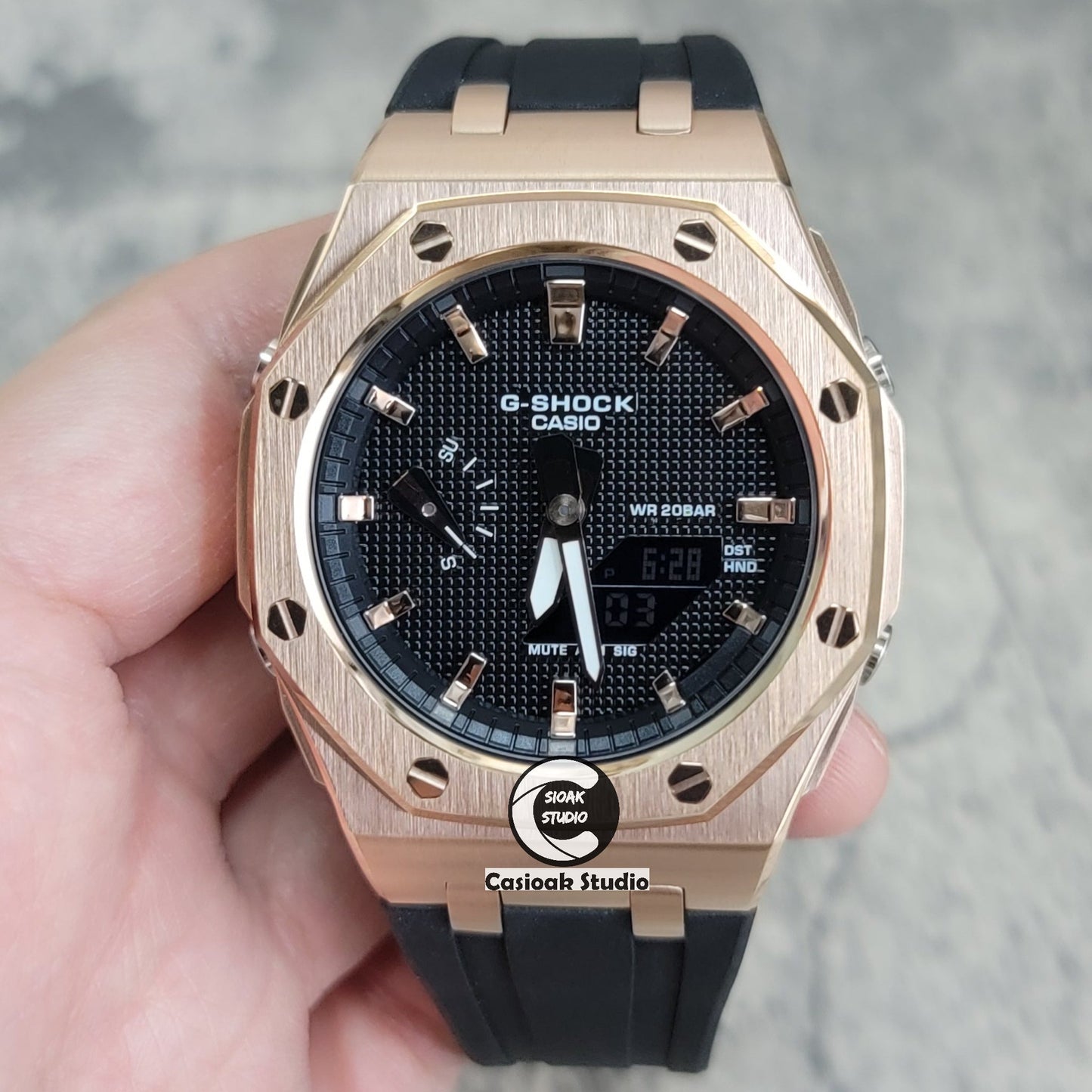 Casioak Mod Watch Offshore Superior Rosegold Case Black Rubber Strap Black Rosegold Time Mark Black Waffle Dial 44mm- Casioak Mod Casio G-Shock Royal Oak Custom Mens Luxury Watches Ga2100