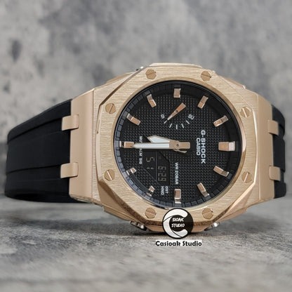 Casioak Mod Watch Offshore Superior Rosegold Case Black Rubber Strap Black Rosegold Time Mark Black Waffle Dial 44mm- Casioak Mod Casio G-Shock Royal Oak Custom Mens Luxury Watches Ga2100