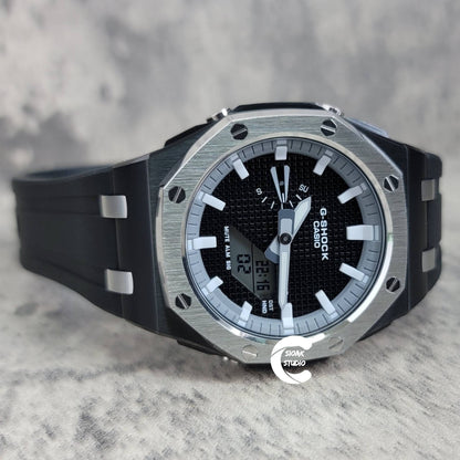 Casioak Mod Watch Offshore Superior Silver Black Case Black Rubber Strap Gray White Time Mark Black Waffle Dial 44mm- Casioak Mod Casio G-Shock Royal Oak Custom Mens Luxury Watches Ga2100