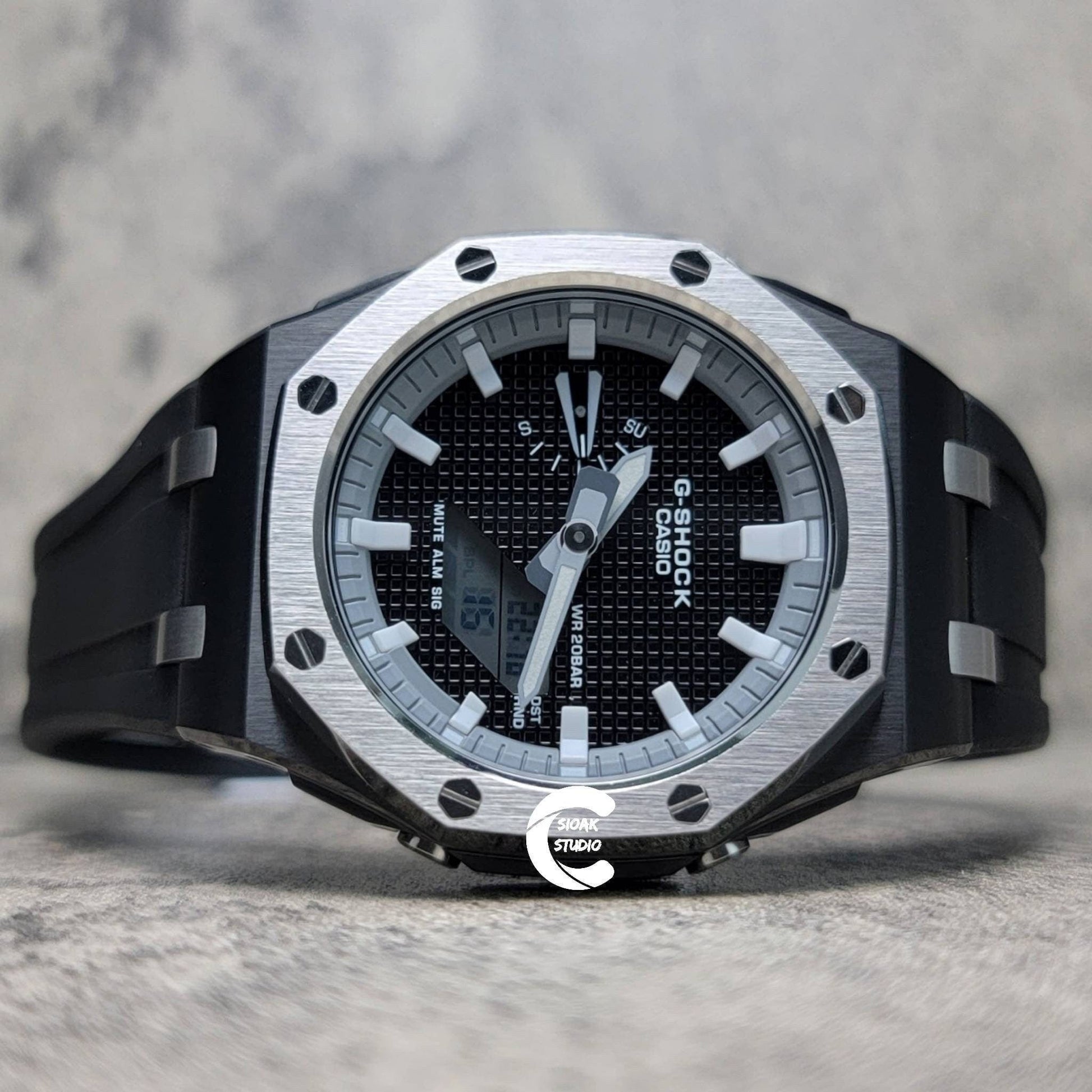 Casioak Mod Watch Offshore Superior Silver Black Case Black Rubber Strap Gray White Time Mark Black Waffle Dial 44mm- Casioak Mod Casio G-Shock Royal Oak Custom Mens Luxury Watches Ga2100