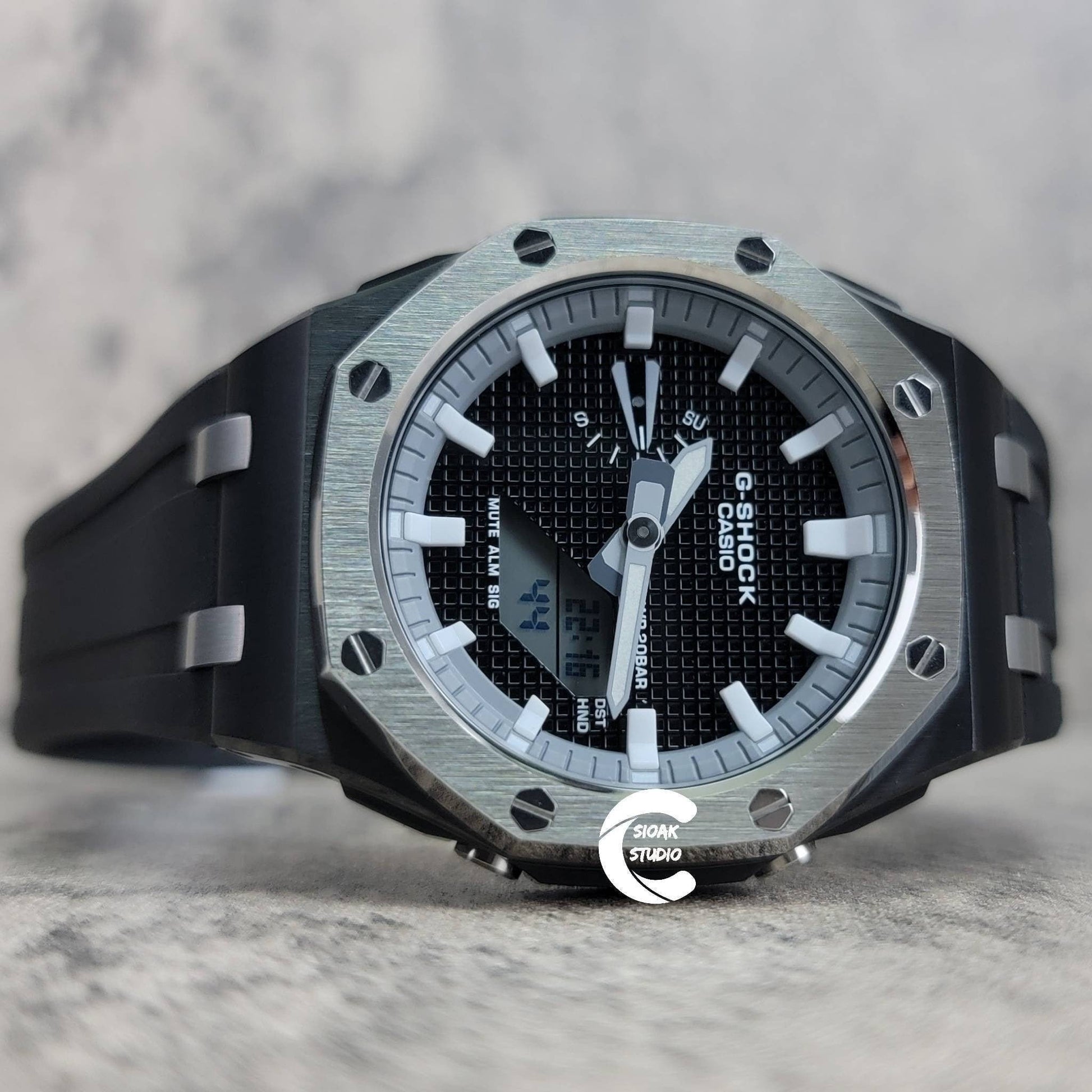 Casioak Mod Watch Offshore Superior Silver Black Case Black Rubber Strap Gray White Time Mark Black Waffle Dial 44mm- Casioak Mod Casio G-Shock Royal Oak Custom Mens Luxury Watches Ga2100