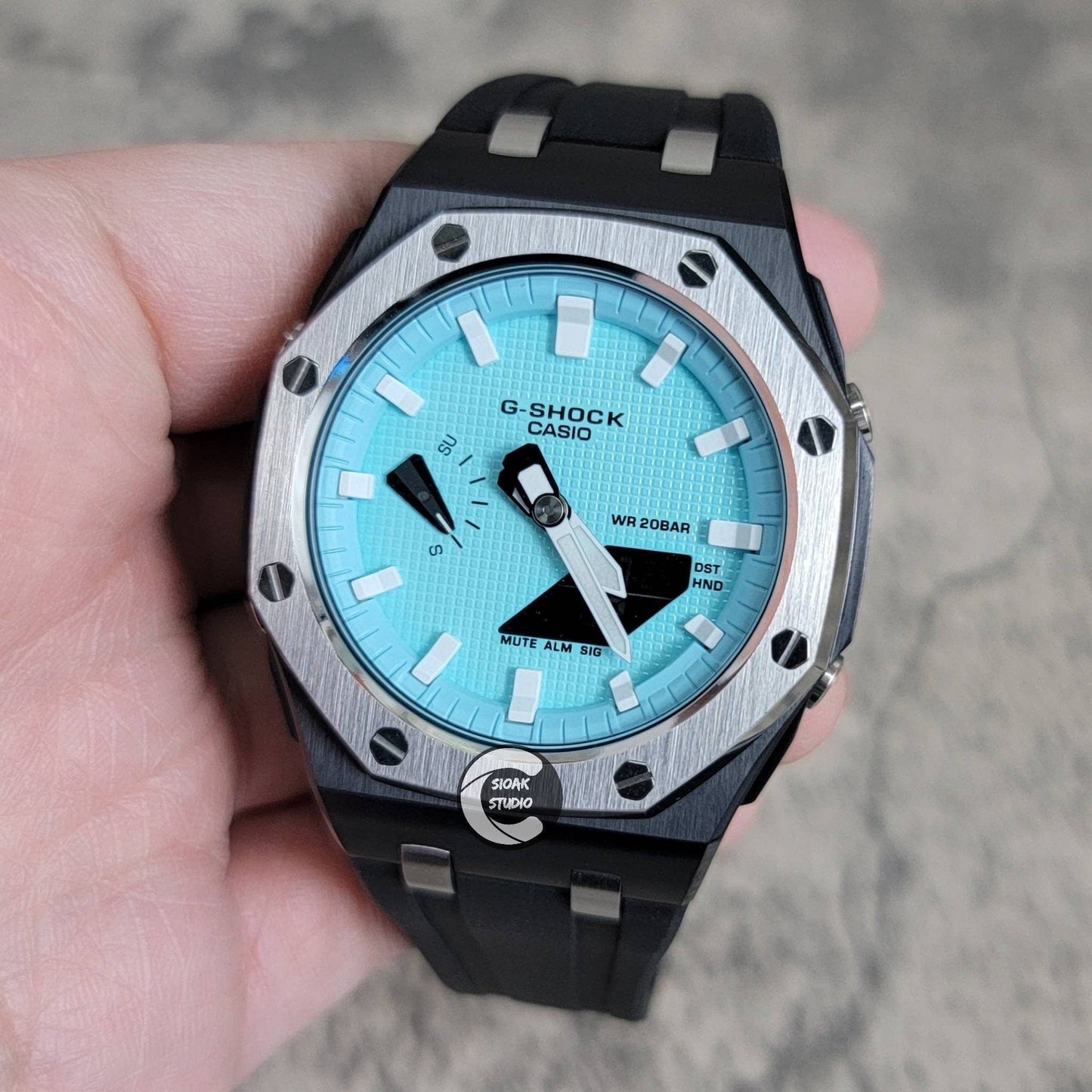 Casioak Mod Watch Offshore Superior Silver Black Case Black Rubber Strap Tiff White Time Mark Tiff Blue Dial 44mm- Casioak Mod Casio G-Shock Royal Oak Custom Mens Luxury Watches Ga2100