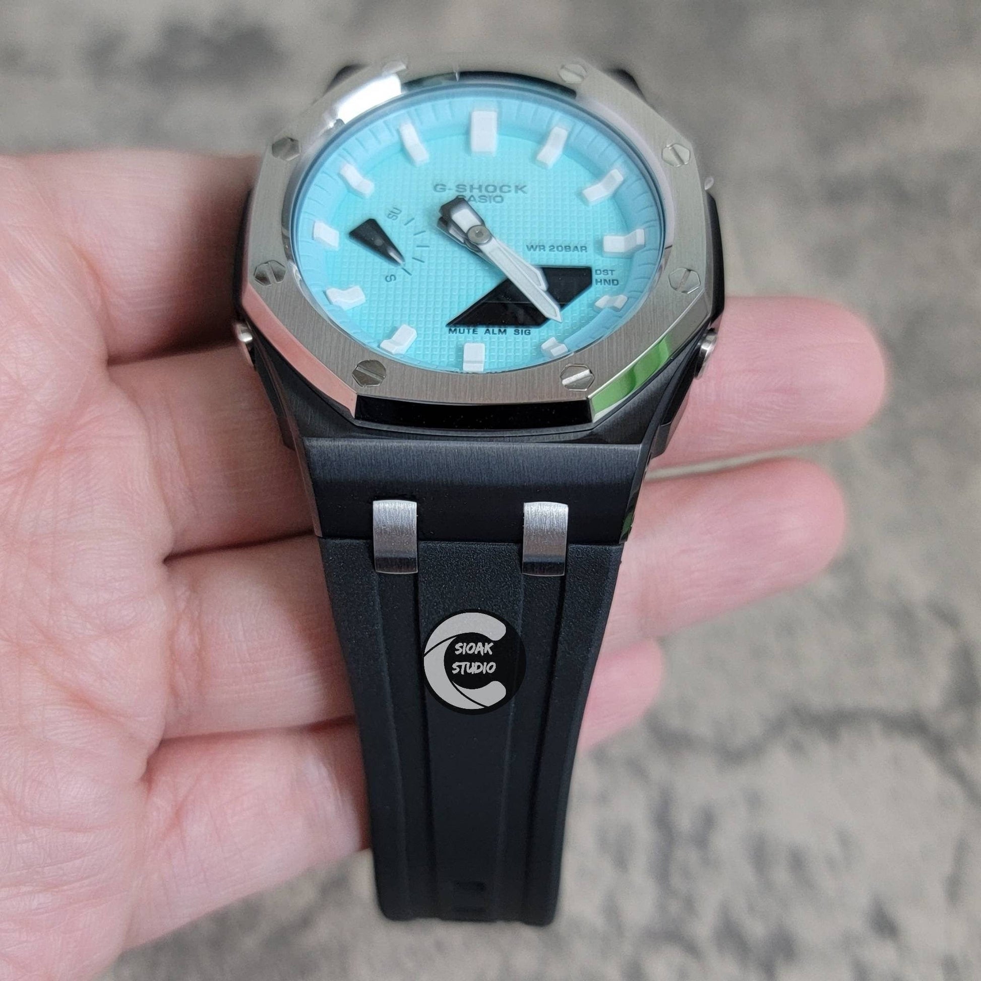 Casioak Mod Watch Offshore Superior Silver Black Case Black Rubber Strap Tiff White Time Mark Tiff Blue Dial 44mm- Casioak Mod Casio G-Shock Royal Oak Custom Mens Luxury Watches Ga2100