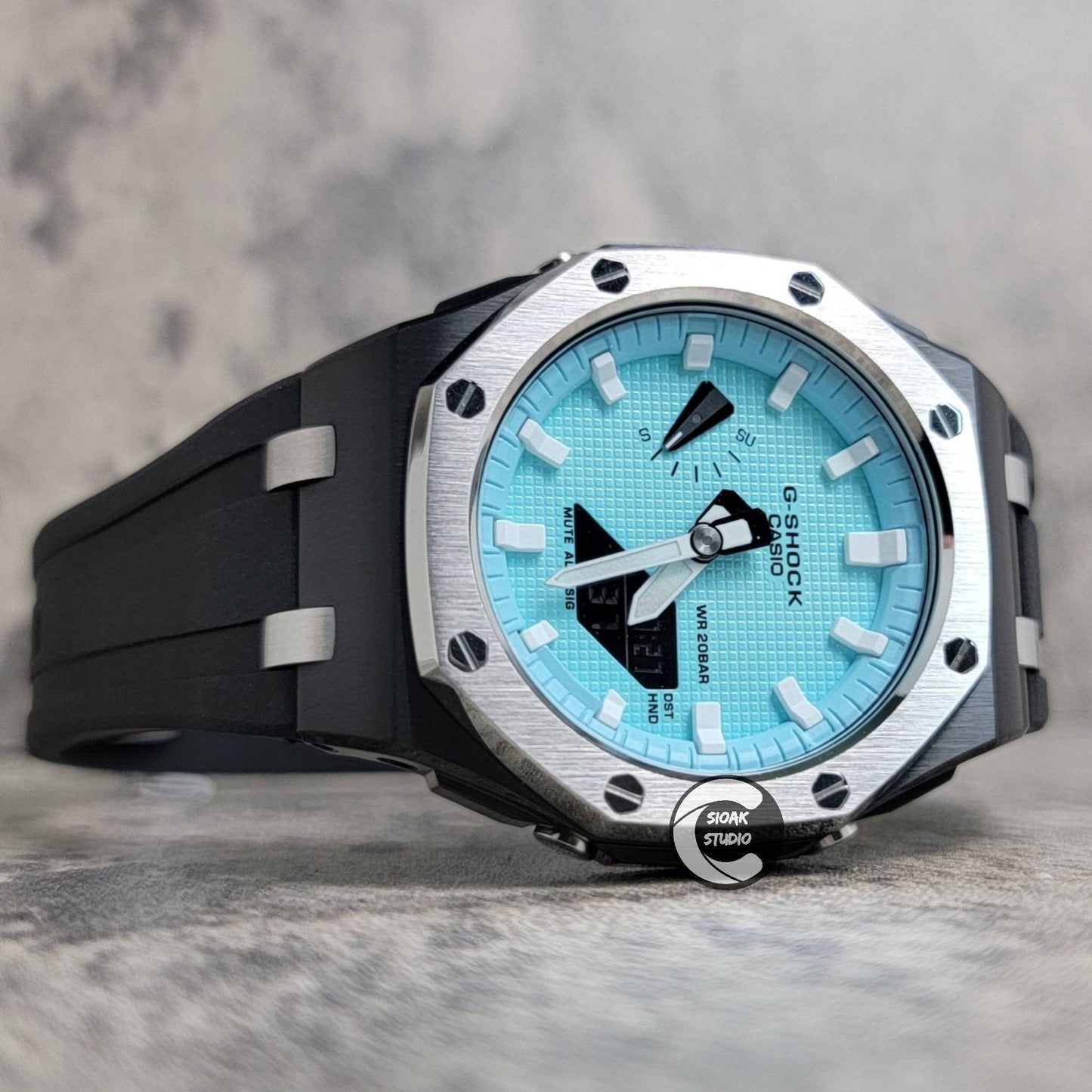 Casioak Mod Watch Offshore Superior Silver Black Case Black Rubber Strap Tiff White Time Mark Tiff Blue Dial 44mm- Casioak Mod Casio G-Shock Royal Oak Custom Mens Luxury Watches Ga2100