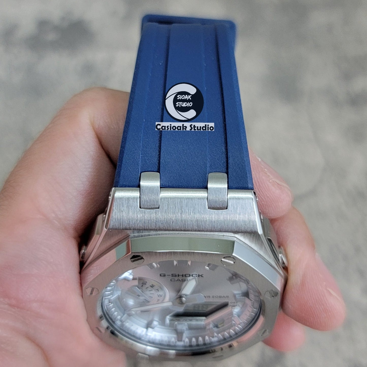 Casioak Mod Watch Offshore Superior Silver Case Blue Rubber Rubber Strap Silver Time Mark Silver Dial 44mm- Casioak Mod Casio G-Shock Royal Oak Custom Mens Luxury Watches Ga2100