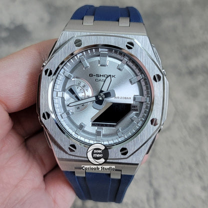 Casioak Mod Watch Offshore Superior Silver Case Blue Rubber Rubber Strap Silver Time Mark Silver Dial 44mm- Casioak Mod Casio G-Shock Royal Oak Custom Mens Luxury Watches Ga2100