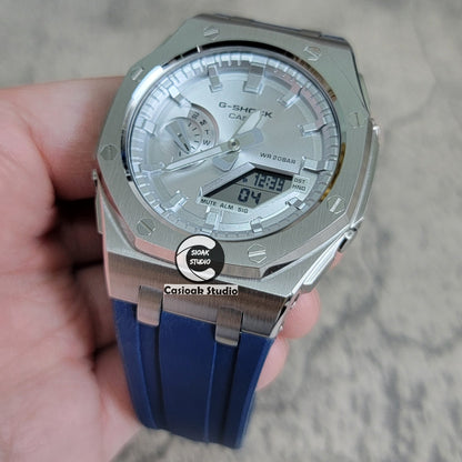 Casioak Mod Watch Offshore Superior Silver Case Blue Rubber Rubber Strap Silver Time Mark Silver Dial 44mm- Casioak Mod Casio G-Shock Royal Oak Custom Mens Luxury Watches Ga2100