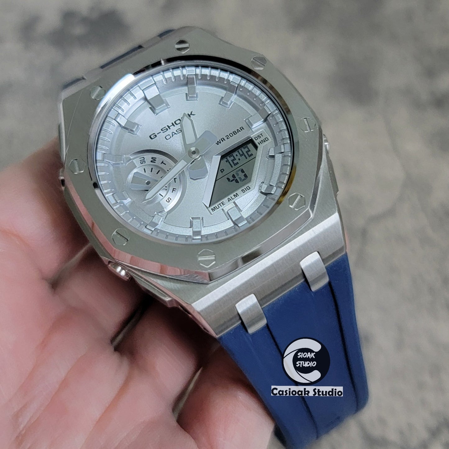 Casioak Mod Watch Offshore Superior Silver Case Blue Rubber Rubber Strap Silver Time Mark Silver Dial 44mm- Casioak Mod Casio G-Shock Royal Oak Custom Mens Luxury Watches Ga2100