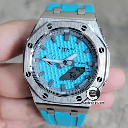 Casioak Mod Watch Offshore Superior Silver Case Blue Rubber Strap Gray Time Mark Tiff Blue Dial 44mm- Casioak Mod Casio G-Shock Royal Oak Custom Mens Luxury Watches Ga2100