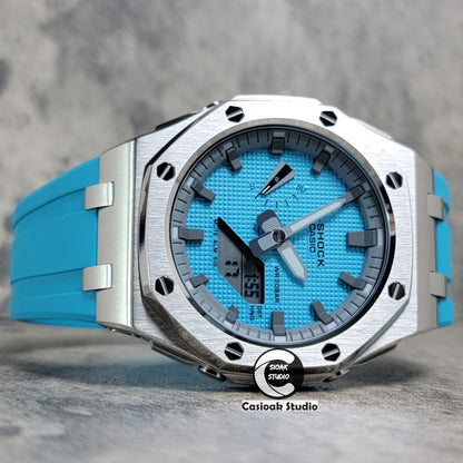 Casioak Mod Watch Offshore Superior Silver Case Blue Rubber Strap Gray Time Mark Tiff Blue Dial 44mm- Casioak Mod Casio G-Shock Royal Oak Custom Mens Luxury Watches Ga2100