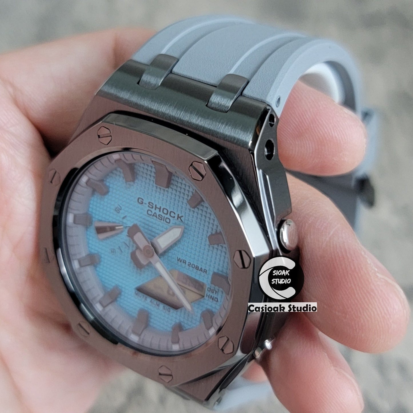 Casioak Mod Watch Offshore Superior Silver Case Blue Rubber Strap Tiff White Time Mark Tiff Blue Dial 44mm- Casioak Mod Casio G-Shock Royal Oak Custom Mens Luxury Watches Ga2100