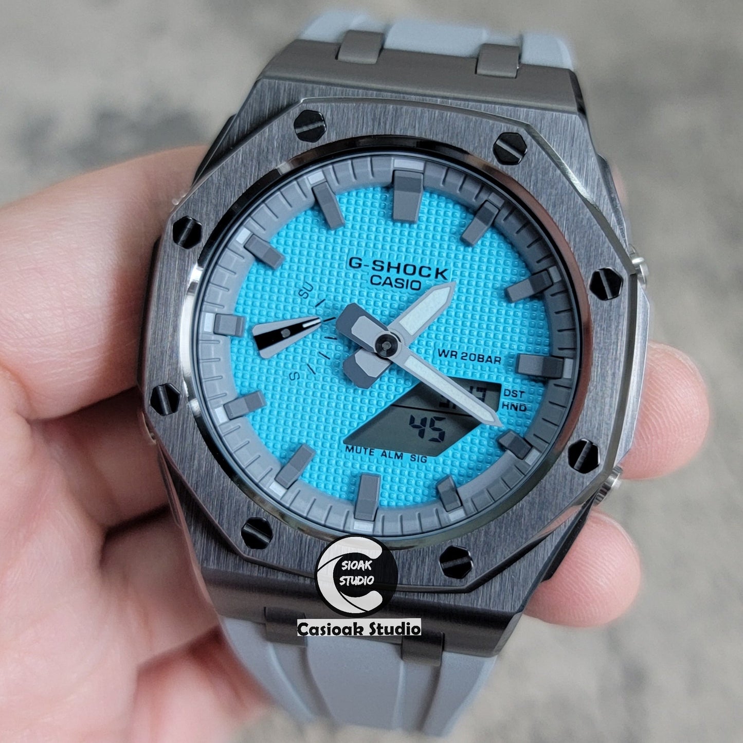 Casioak Mod Watch Offshore Superior Silver Case Blue Rubber Strap Tiff White Time Mark Tiff Blue Dial 44mm- Casioak Mod Casio G-Shock Royal Oak Custom Mens Luxury Watches Ga2100